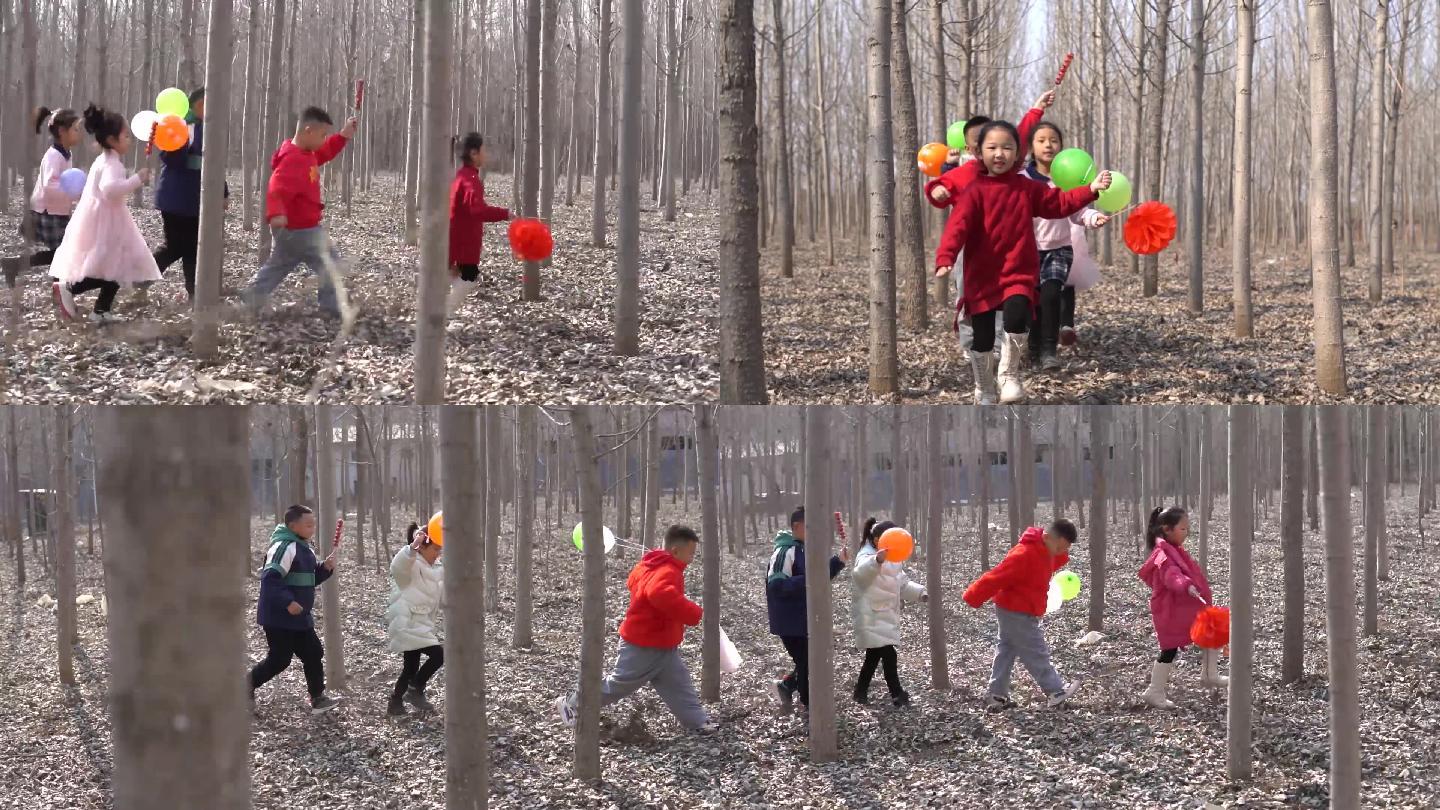实拍树林儿童快乐奔跑