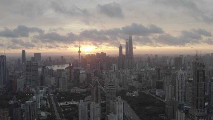 4K原素材-上海早晨红霞满天上海城市全景