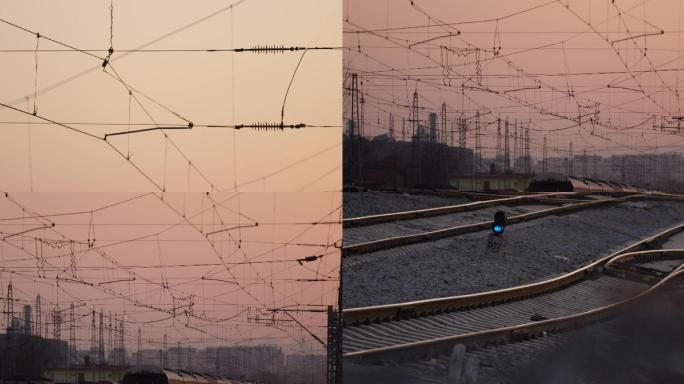 火车轨道，电网，空镜转场，傍晚夕阳