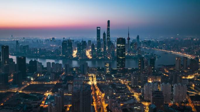 4K上海陆家嘴城市天际线夜转日航拍延时