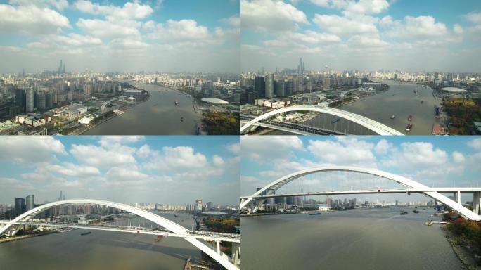 航拍上海城市卢浦大桥