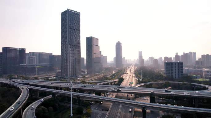 杭州市区高架航拍日出
