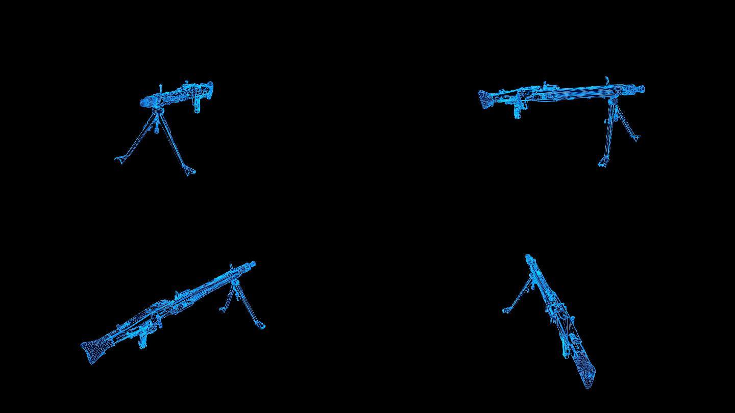 蓝色线框全息科技机枪MG42动画带通道