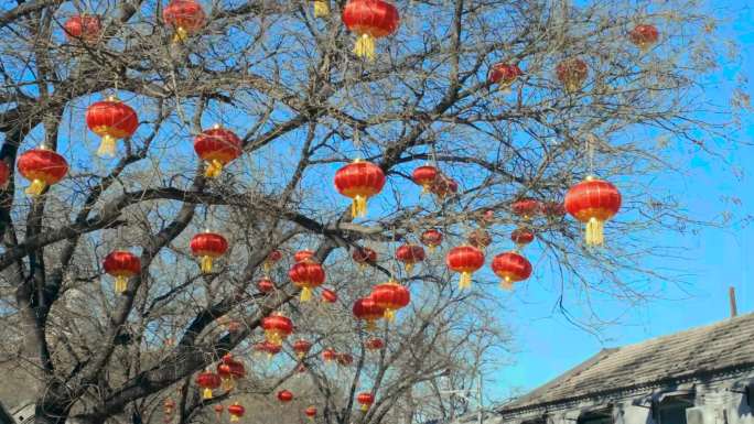 北京街道高挂红灯笼春节过年气氛