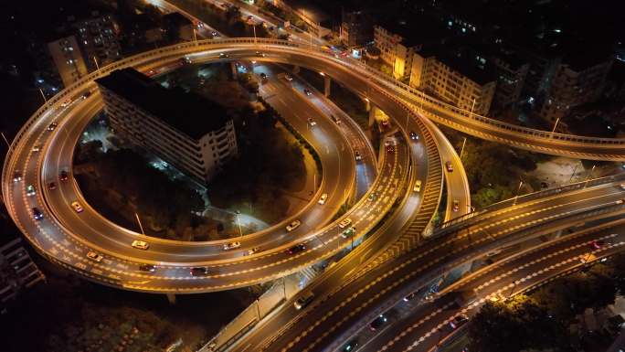 航拍广州洪德路内环路高架立交夜景（御3）