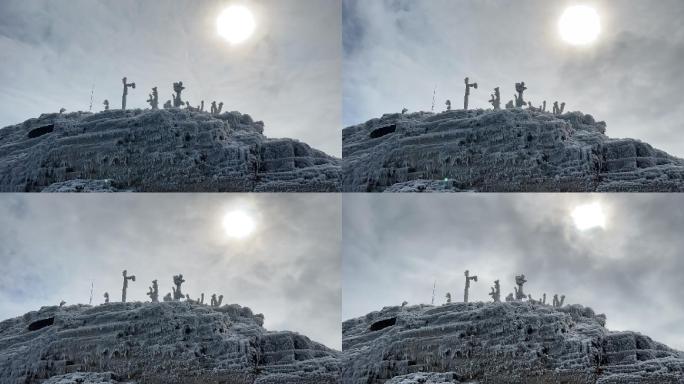 大明山雾凇冰凌冬日暖阳延时摄影素材