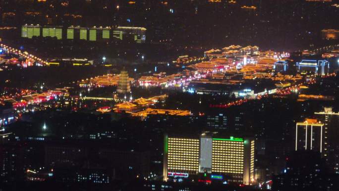 西安大唐不夜城夜景航拍大雁塔夜景西安夜景