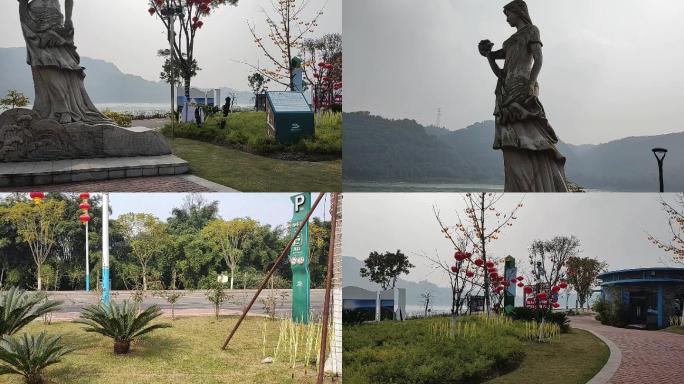 万里长江第一湾长江女儿塑像 春天江边风景