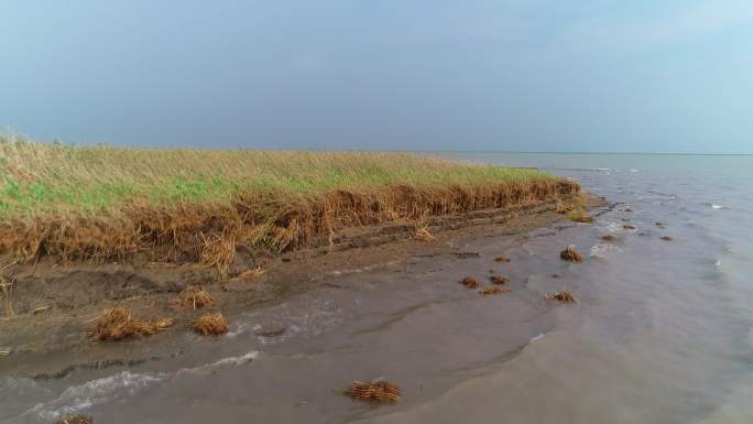 航拍上海九段沙沿岸水土流失冲刷