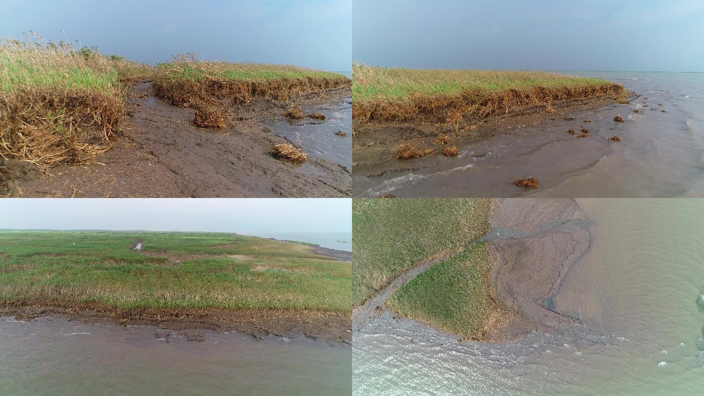 航拍上海九段沙沿岸水土流失冲刷