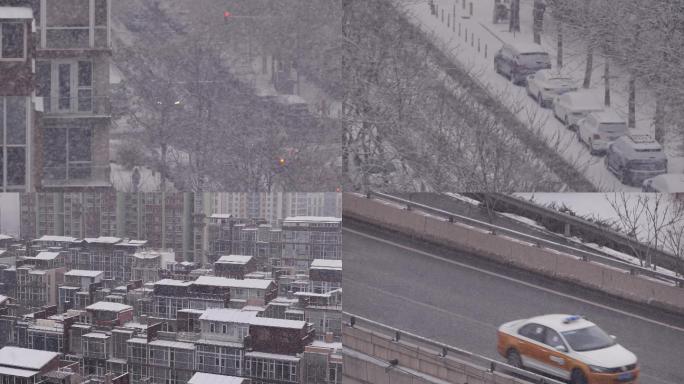 俯拍北京鹅毛大雪道路两旁车辆覆盖厚厚积雪