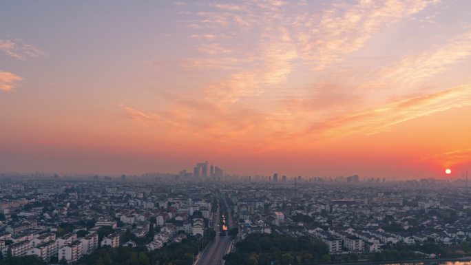 苏州清晨朝霞日出全景