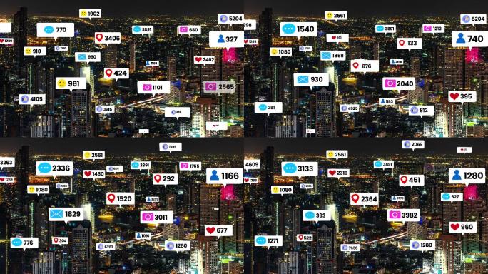 社交媒体图标飞过市中心
