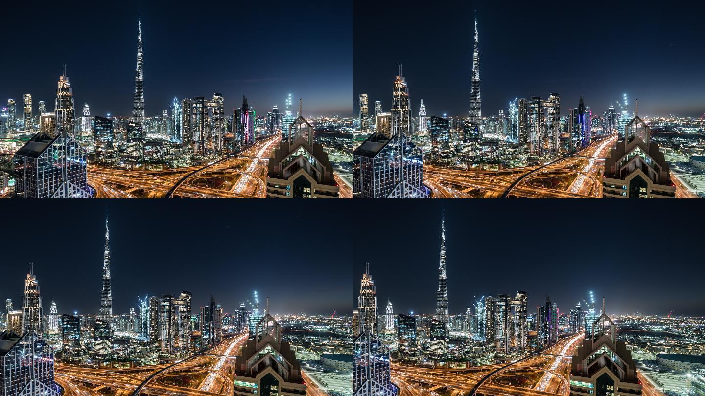 夜景的鸟瞰图航拍迪拜延时城市车流川流不息