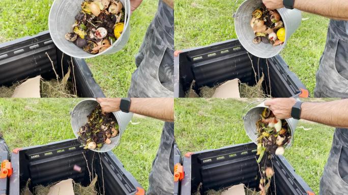 男子将有机垃圾桶和食物残渣倒入堆肥机