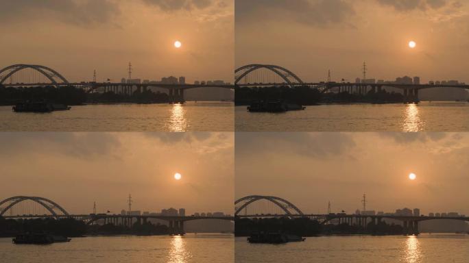 黄昏江边大桥夕阳落日西下