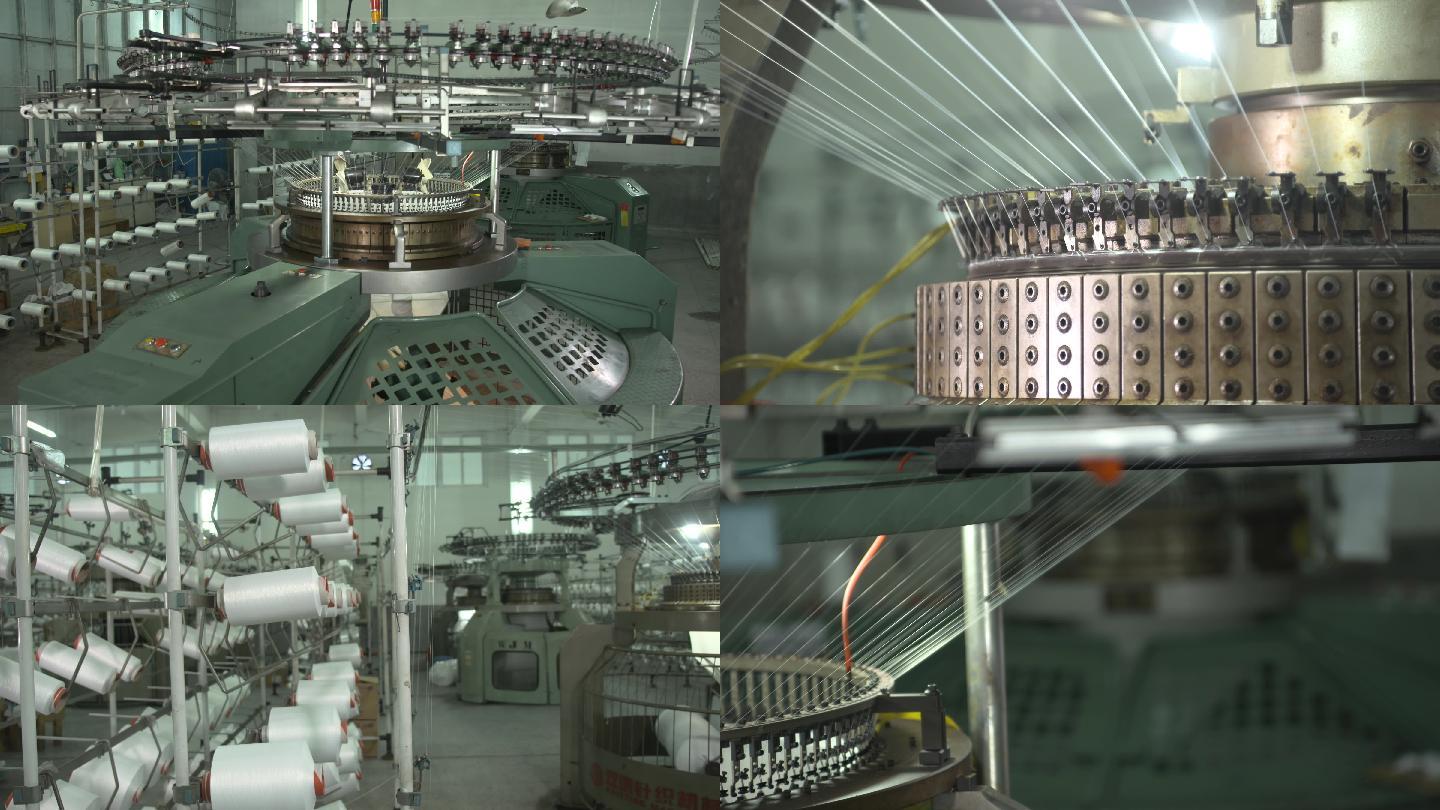 实拍4K圆筒式织布机针织厂工厂车间