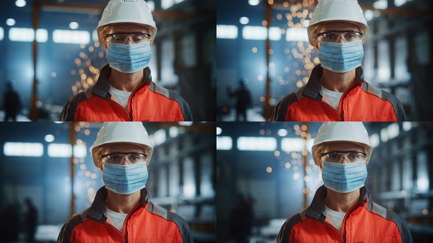 工人在一家钢铁厂戴着安全口罩的肖像