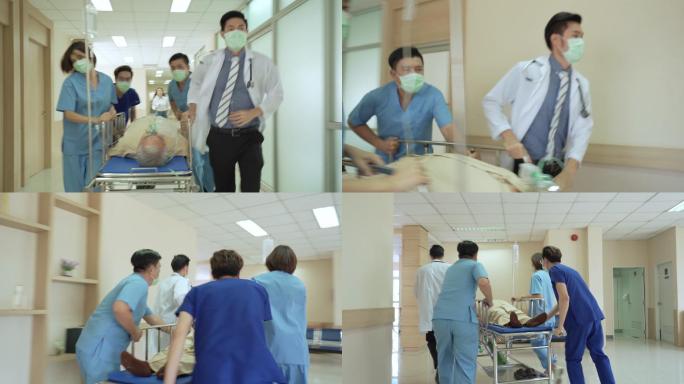 医务人员将医院走廊里的病人转移到急诊室