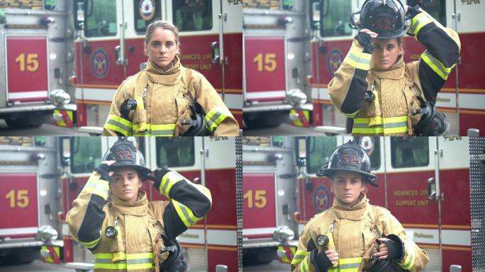 身穿消防服、头盔的女消防员