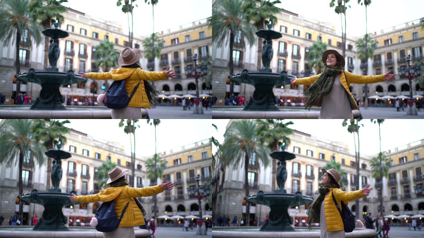 巴塞罗那的女游客欧洲旅途西班牙街道人文