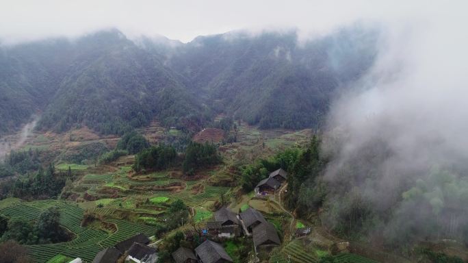 4K航拍湘西高山苗寨云雾茶园01