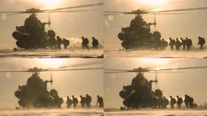 跳伞者在冬天登上直升机。
