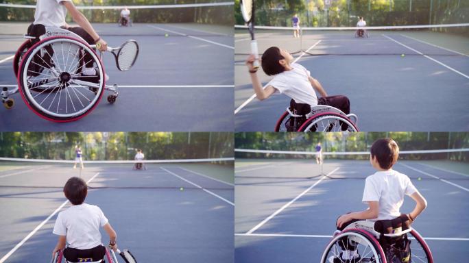 一名青少年网球运动员发球的跟踪镜头