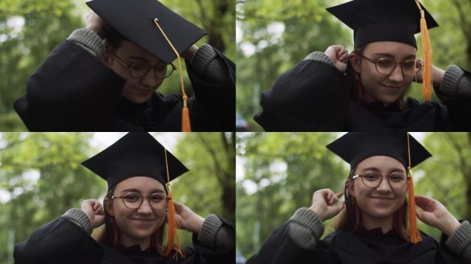 穿着毕业礼服戴毕业帽的少女