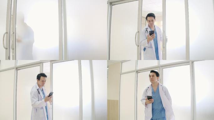 医生在医院走廊一边走一边打电话。