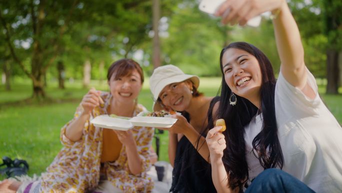 朋友们在大自然中享受野餐，用智能手机自拍