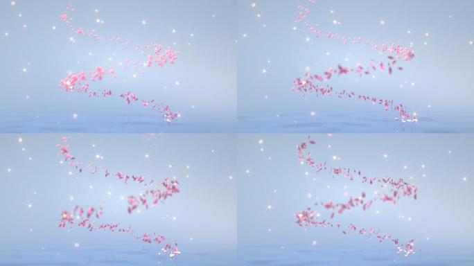 粉色玫瑰花瓣水面螺旋上升闪亮星空动态素材