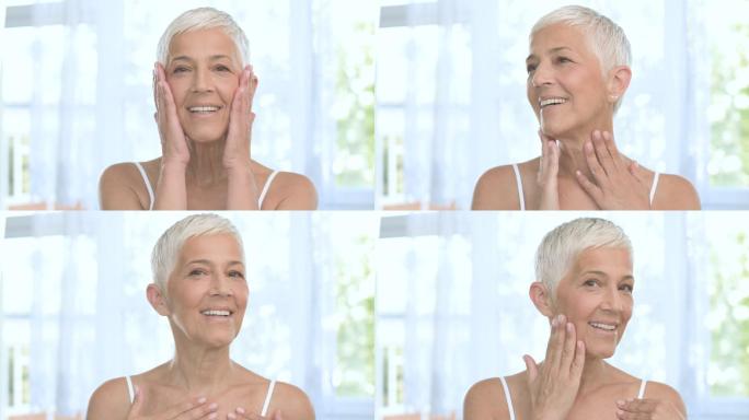 老年女性使用抗衰老产品后，触碰皮肤。