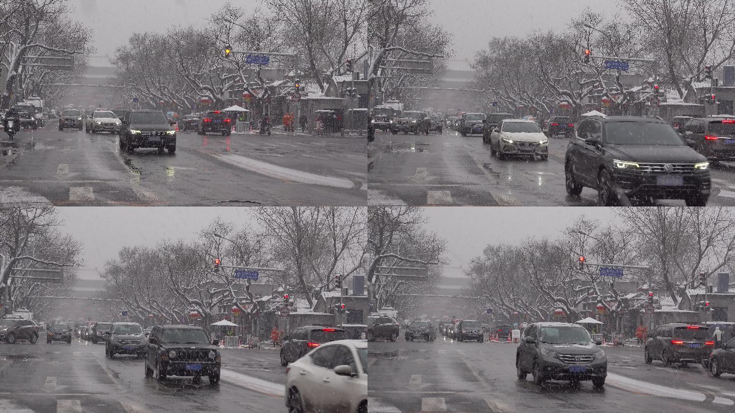 北京古街车流雪天