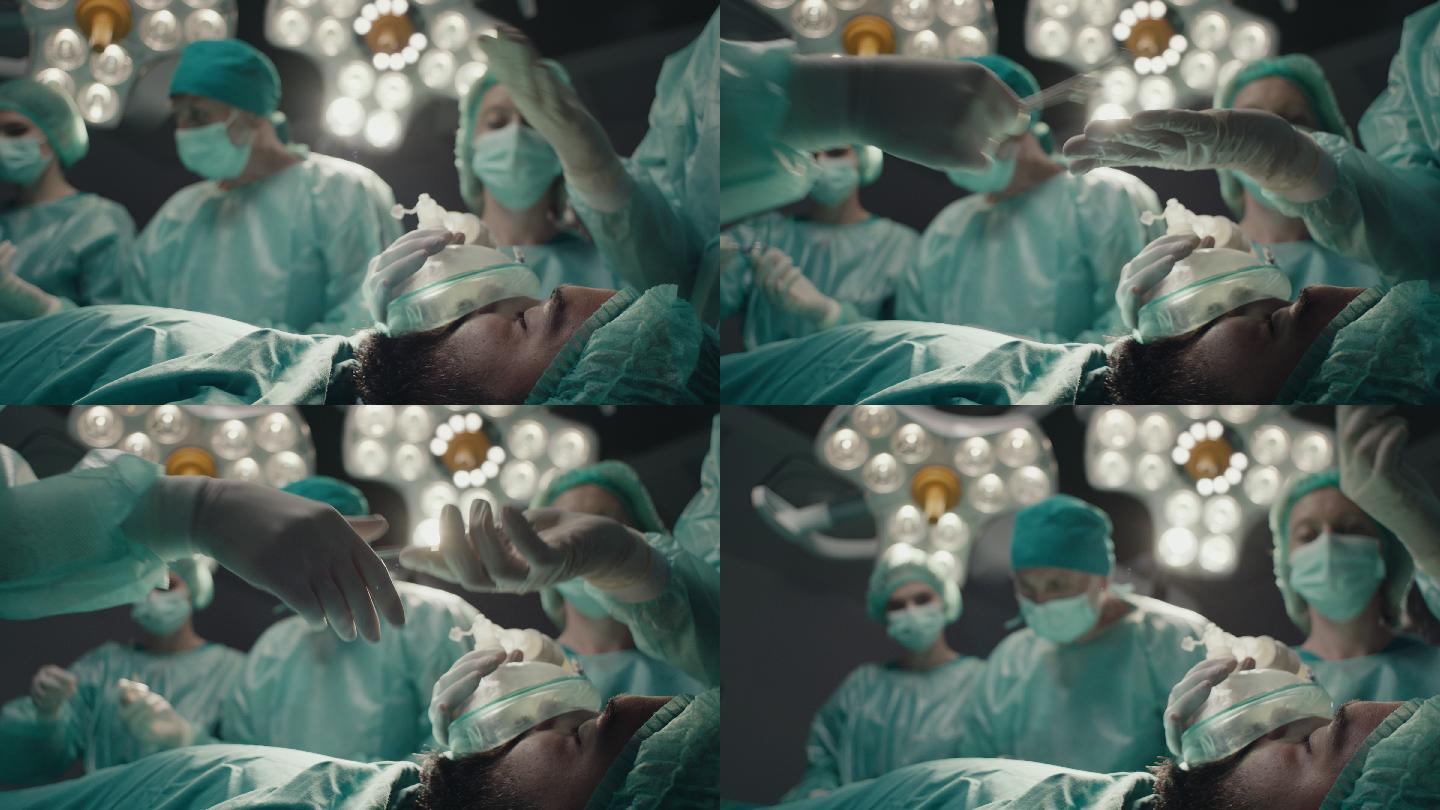 特写镜头，护士把器械交给外科医生