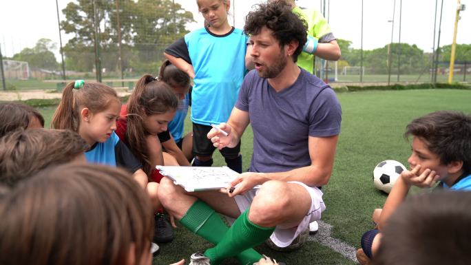 足球队的孩子们坐在一起听教练讲课
