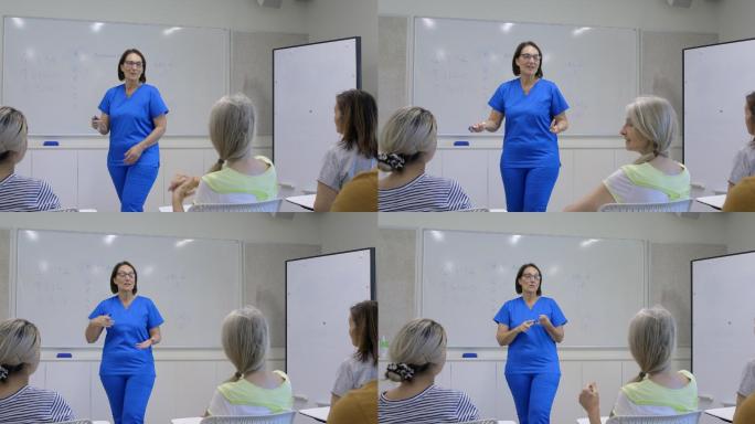 一个护士给医学生做讲座的镜头。