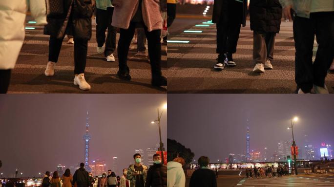 夜晚过马路脚步特写、城市夜景