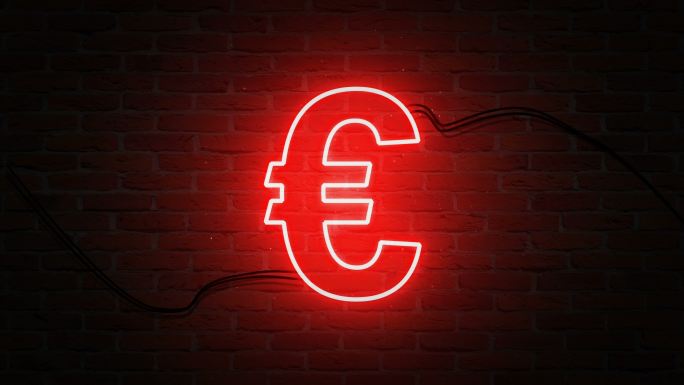 黑色墙上的霓虹灯欧元符号欧盟货币欧洲国家