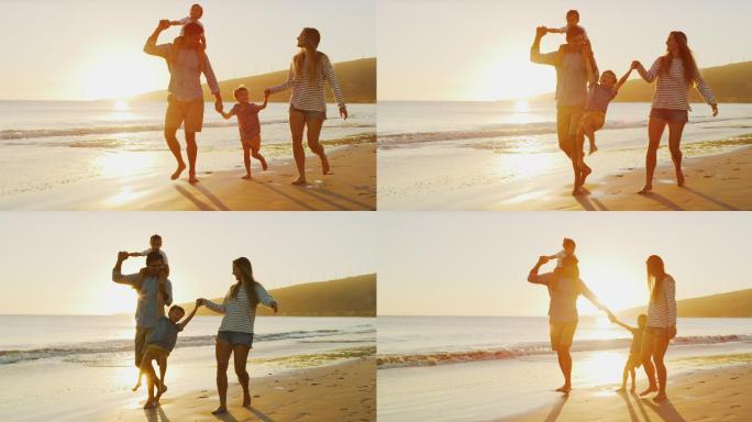 海边散步的一家人度假唯美旅游宣传片素材