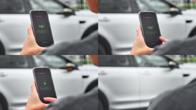 女人用智能手机解锁她的车