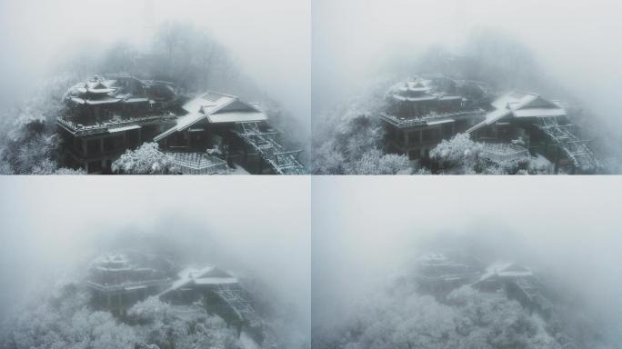 大雪中的杭州北高峰古建筑大气航拍4K
