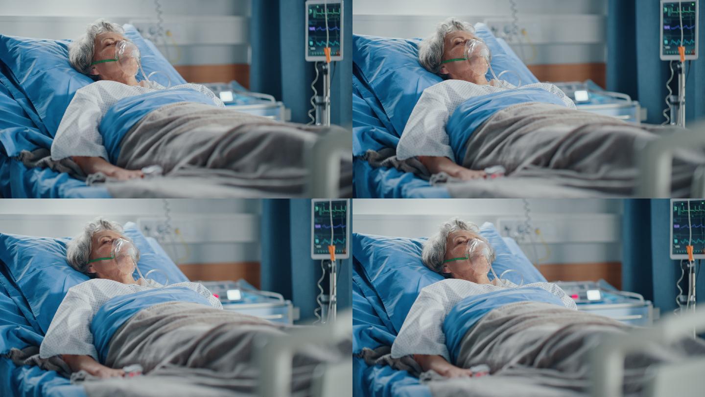 戴着氧气面罩躺在床上的老妇人的画像