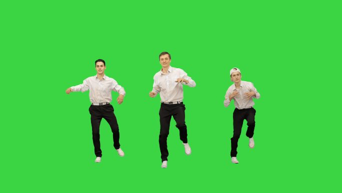 快乐成功的上班族在绿色屏幕上跳舞