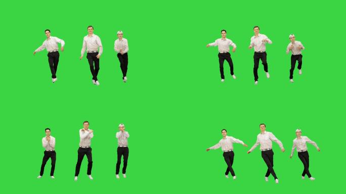 快乐成功的上班族在绿色屏幕上跳舞