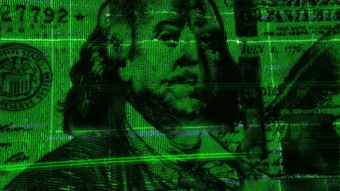 美元货币全息影像绿色光线粒子科技感