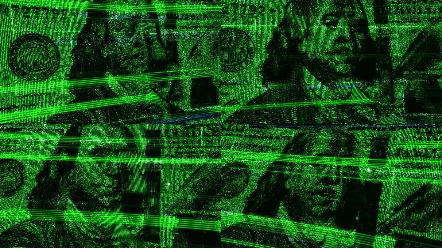 美元货币全息影像绿色光线粒子科技感