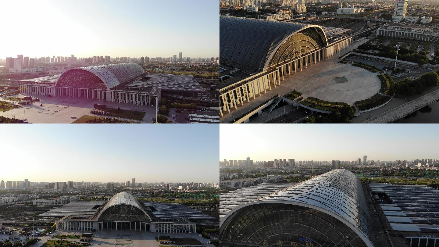 航拍4K夕阳清晨的高铁火车站天津西站