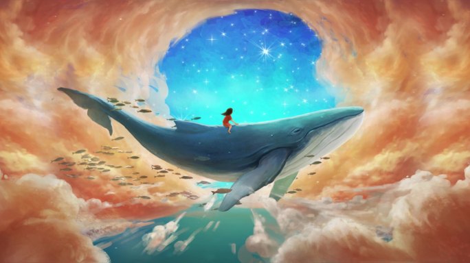 鲸鱼小女孩飞翔遨游梦幻天空卡通动态背景