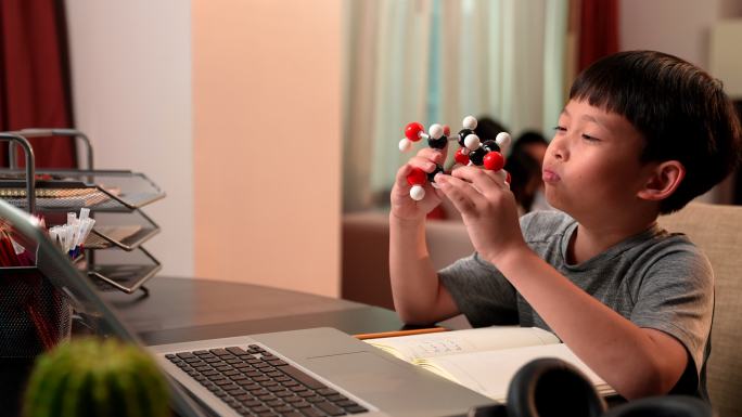 男孩在线学习时研究分子模型